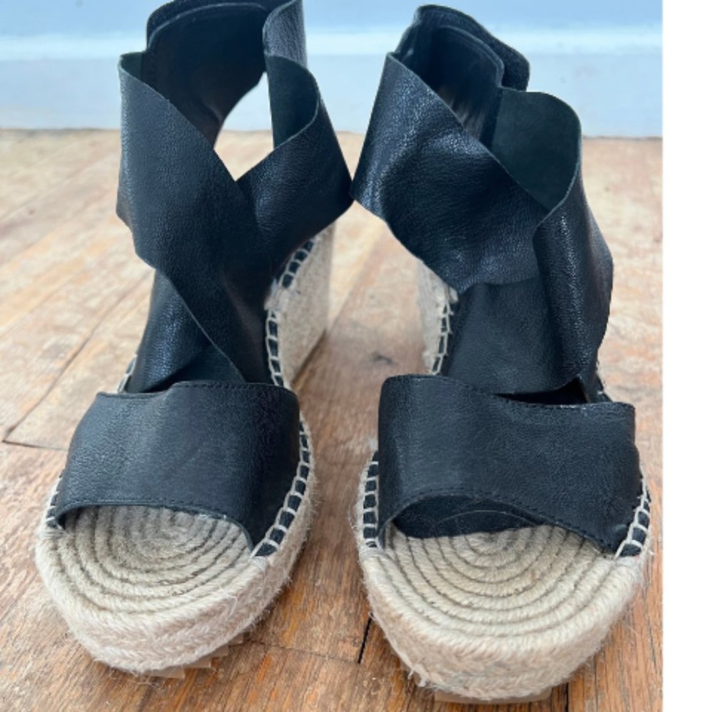 Eileen Fisher Women's Willow Black Leather Ankle Strap Wedge Sandals Size 7